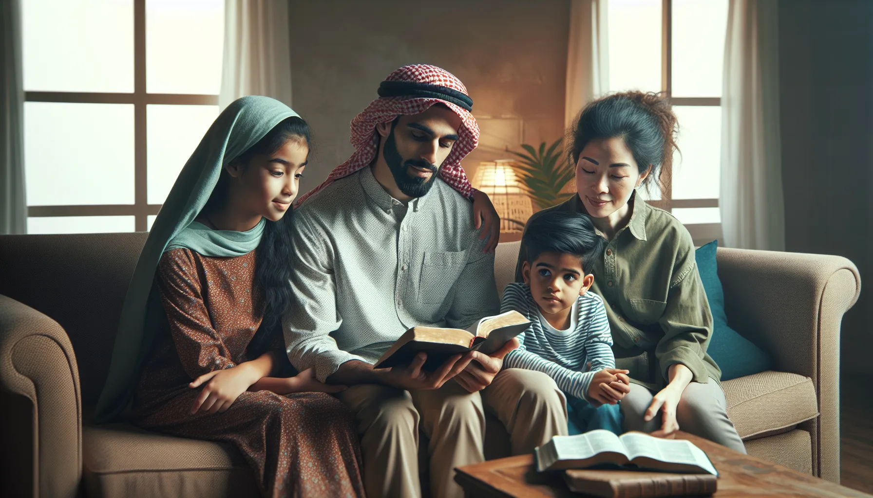 Padres e hijos leyendo la Biblia juntos y aplicando principios de crianza basados en la sabiduría bíblica.