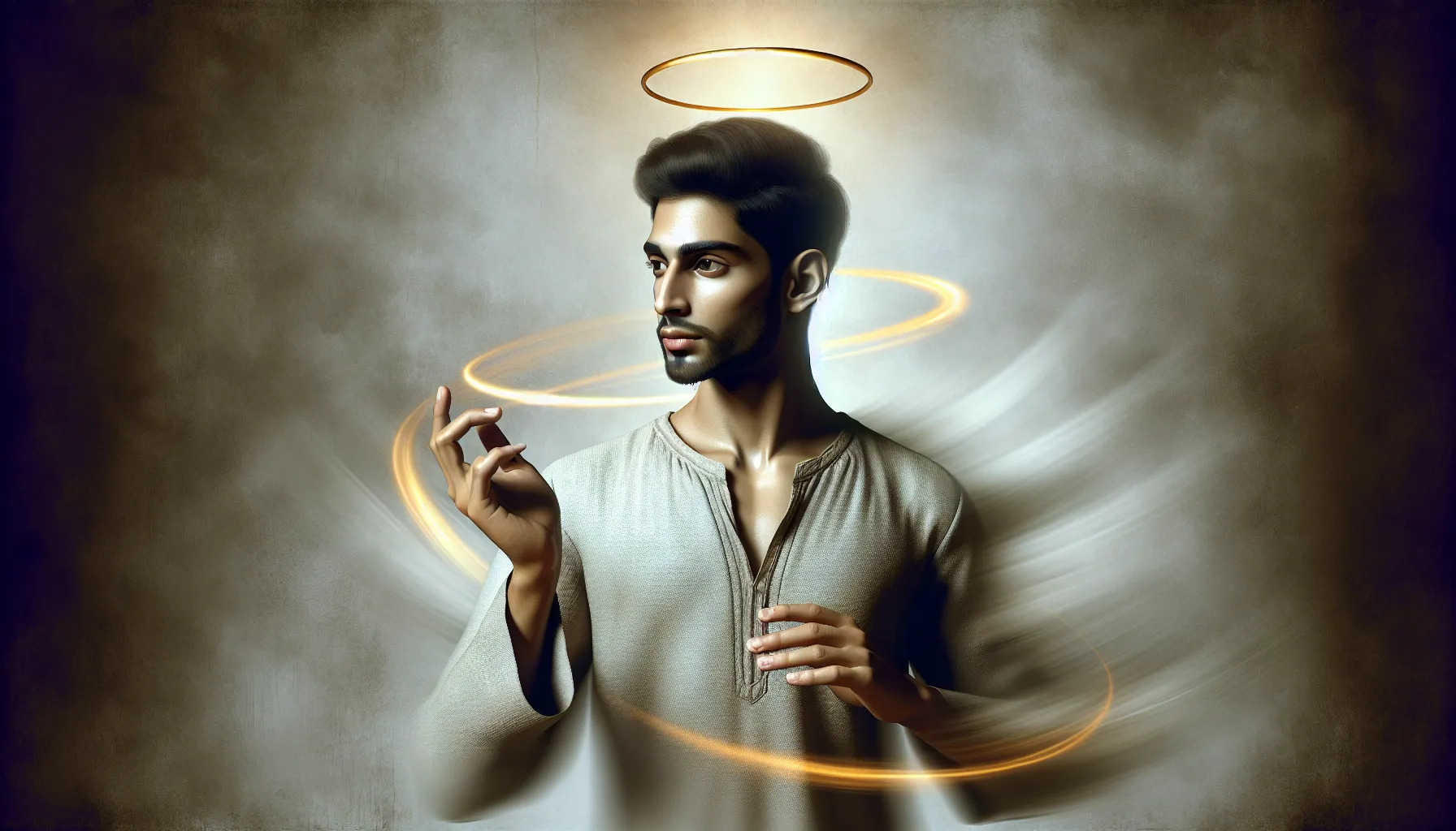 Imagen de un ser humano con una aureola, representando la dualidad entre lo humano y lo divino en la naturaleza de Dios.