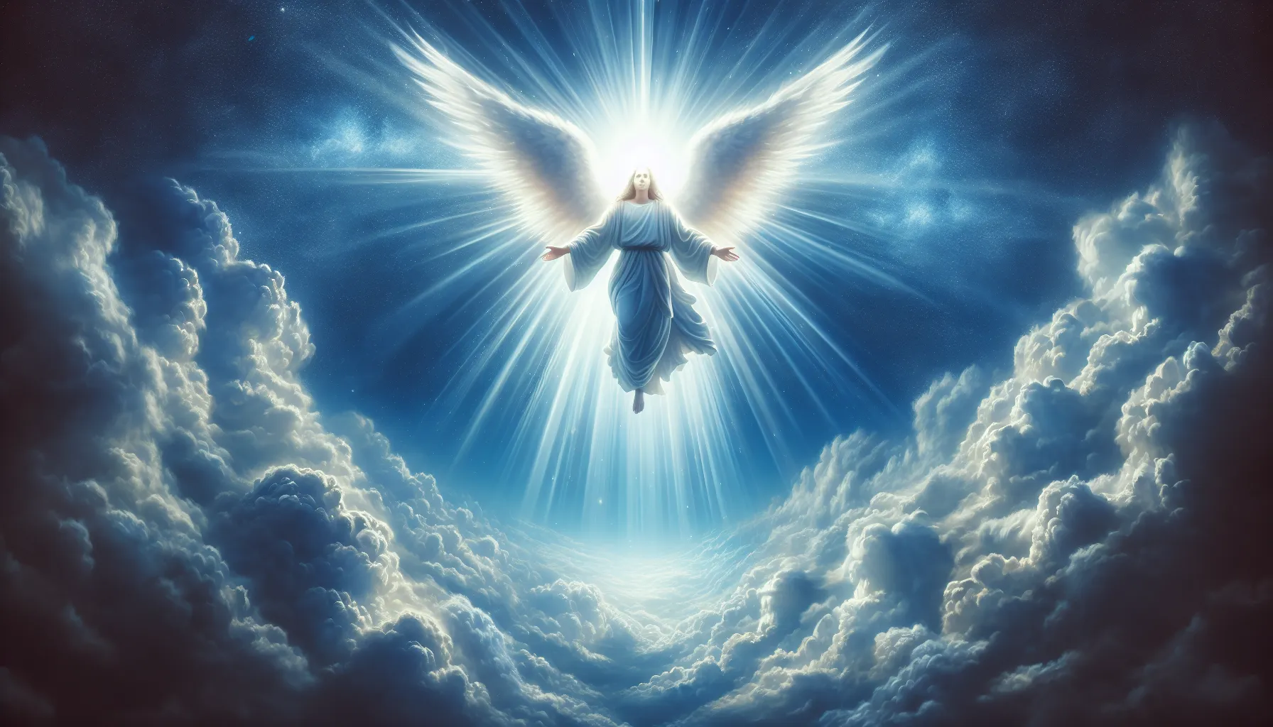Representación artística de Dios según la descripción bíblica: un rayo de luz divina rodeado de nubes blancas en un cielo azul.