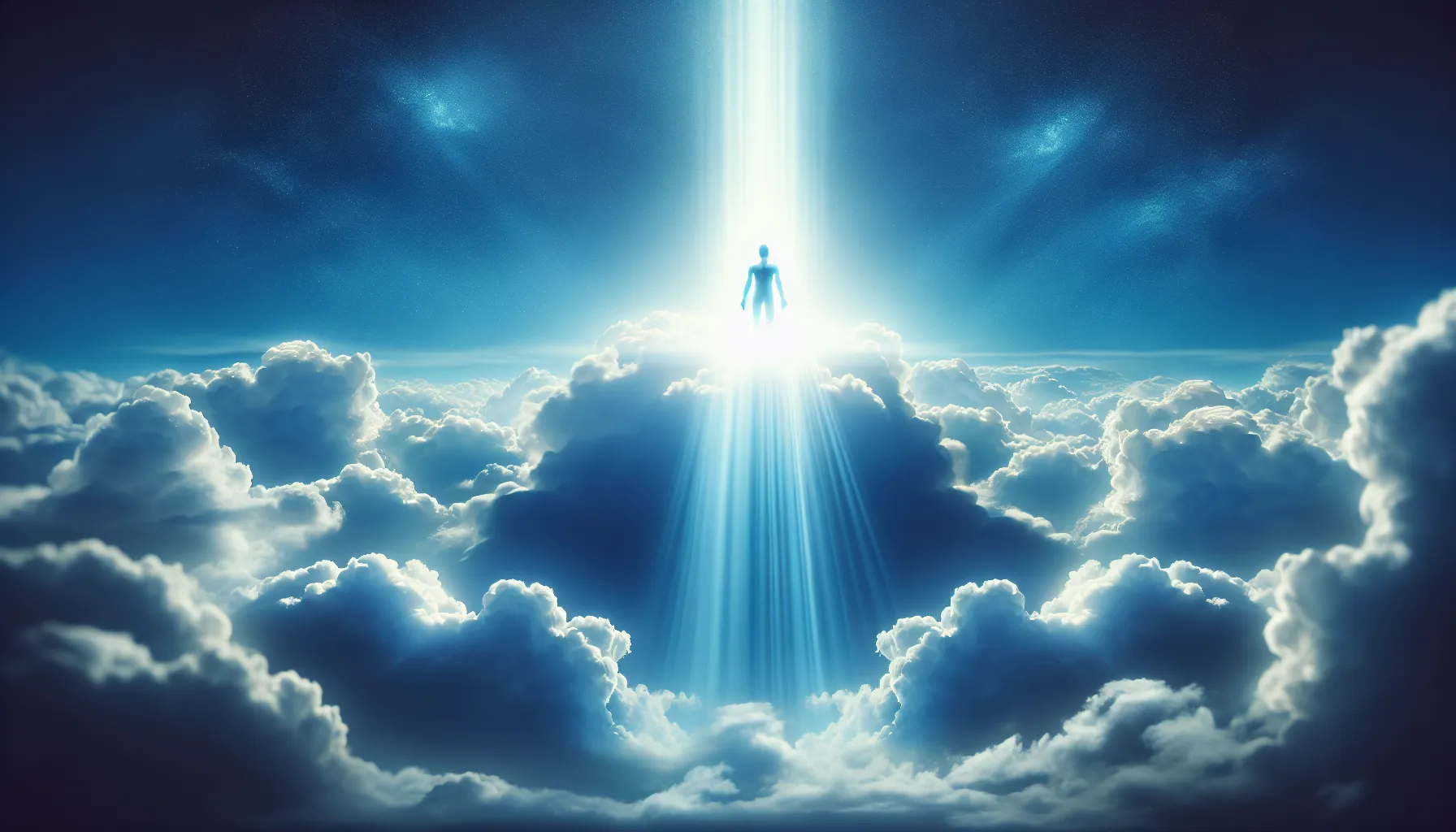 Imagen de un cielo azul con nubes blancas y un rayo de luz brillante iluminando una figura humana