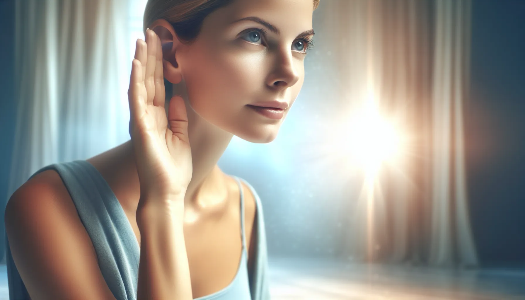 Imagen de una persona con los oídos abiertos, escuchando atentamente con una expresión serena, simbolizando la conexión con la voz de Dios y su guía espiritual.