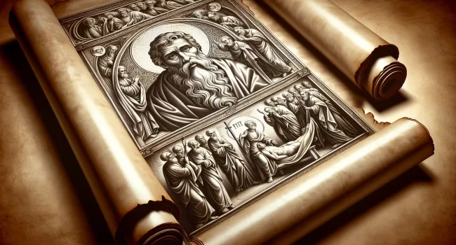 Imagen ilustrativa de un pergamino antiguo con la representación simbólica de la muerte del apóstol Pedro según la narrativa bíblica.