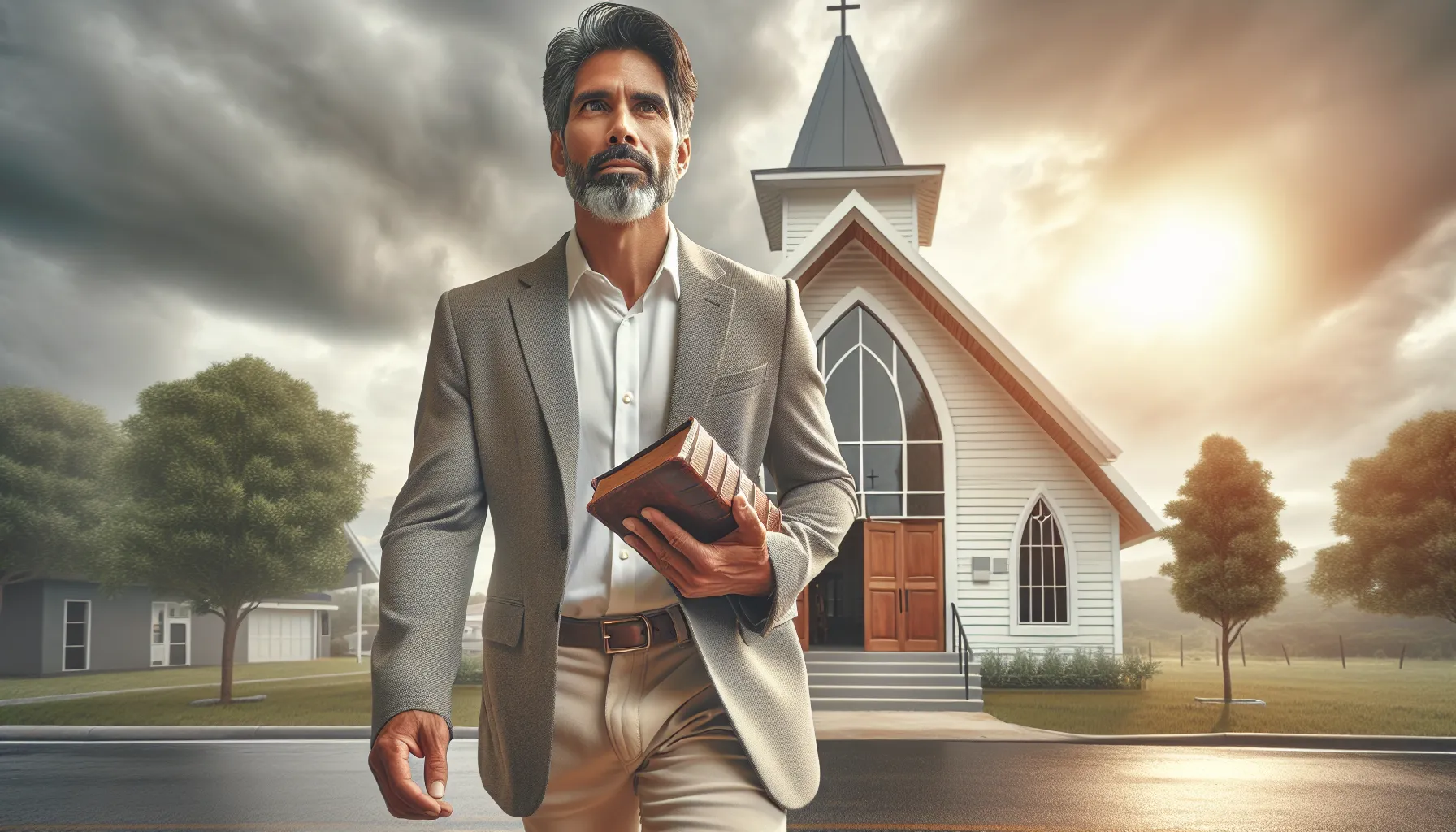 Persona caminando hacia una nueva iglesia mientras sostiene una Biblia abierta en la mano