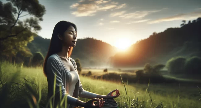 Imagen de una persona meditando en la naturaleza