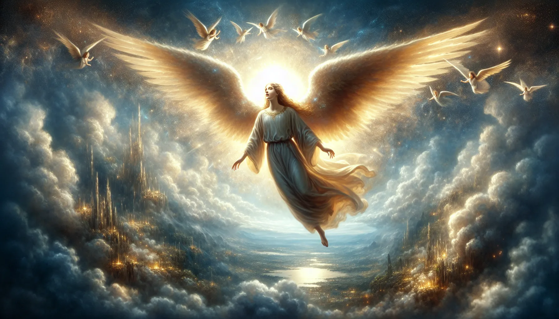 Imagen de ángeles en la Biblia representados de forma simbólica y celestial.
