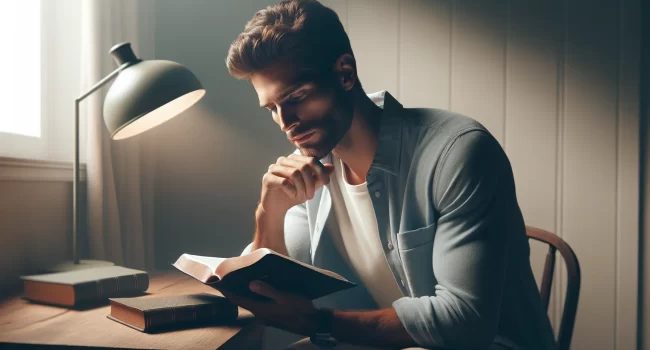 Imagen ilustrativa de una persona leyendo la Biblia y reflexionando sobre su compromiso cristiano.