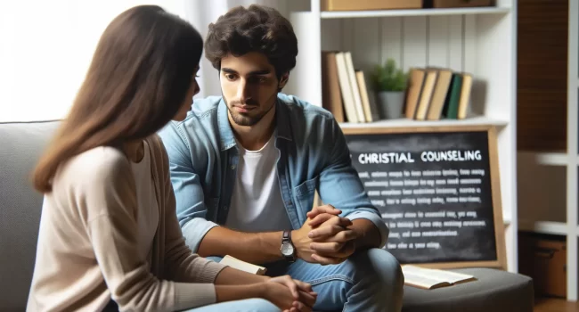 Jóvenes pareja cristiana en sesión de consejería premarital para fortalecer su relación antes del matrimonio.