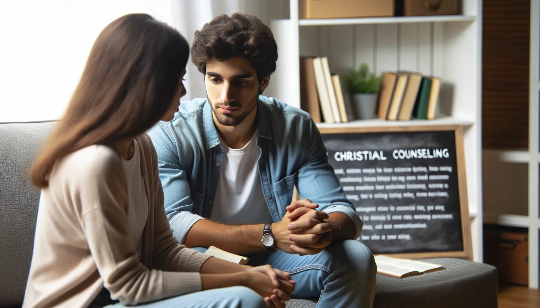 Jóvenes pareja cristiana en sesión de consejería premarital para fortalecer su relación antes del matrimonio.