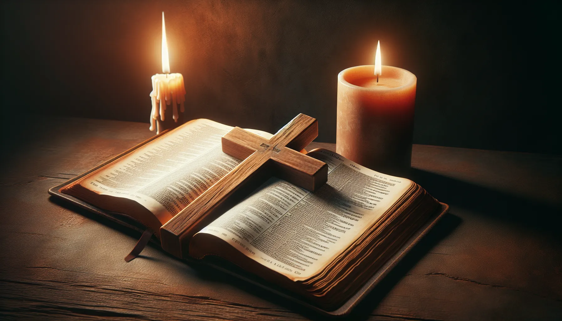 Imagen de una cruz cristiana con una Biblia abierta y una vela encendida