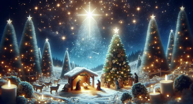 Imagen de una escena navideña con luces brillantes