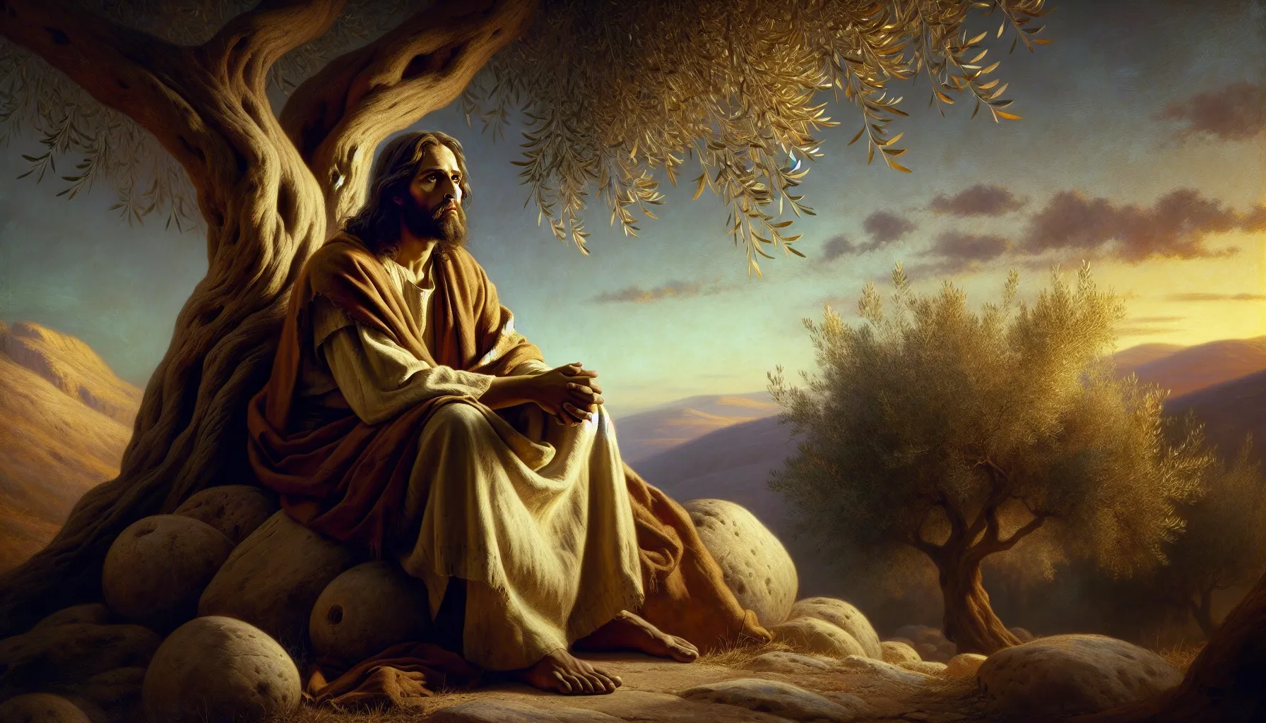 Representación artística de Jesús de Nazaret en el Monte de los Olivos.