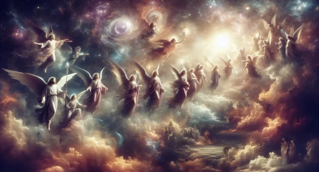 Representación artística de ángeles en una ilustración celeste
