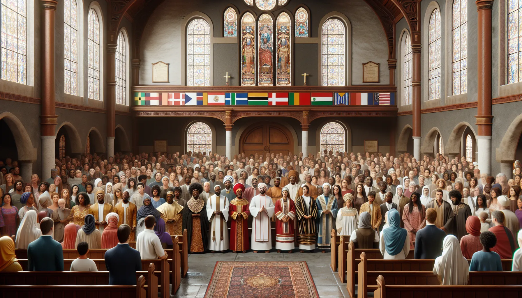 Imagen de una iglesia con personas de diferentes culturas y estilos de vestimenta, representando la diversidad de denominaciones cristianas.