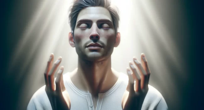 Una persona con los ojos cerrados y las manos levantadas en señal de confianza y conexión espiritual.