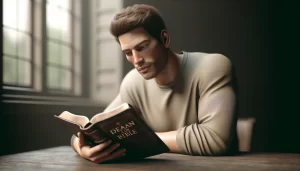 Imagen de un hombre leyendo la Biblia y reflexionando