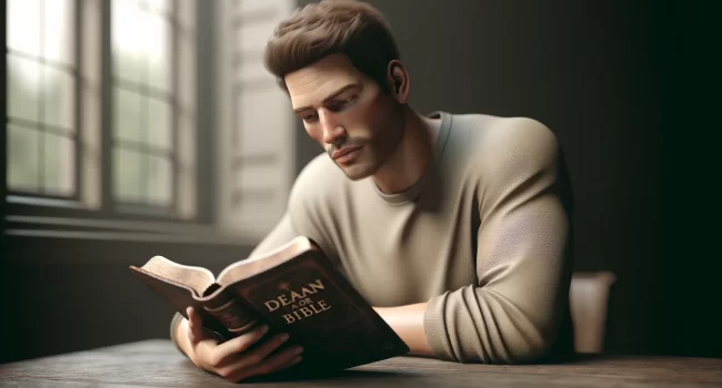 Imagen de un hombre leyendo la Biblia y reflexionando