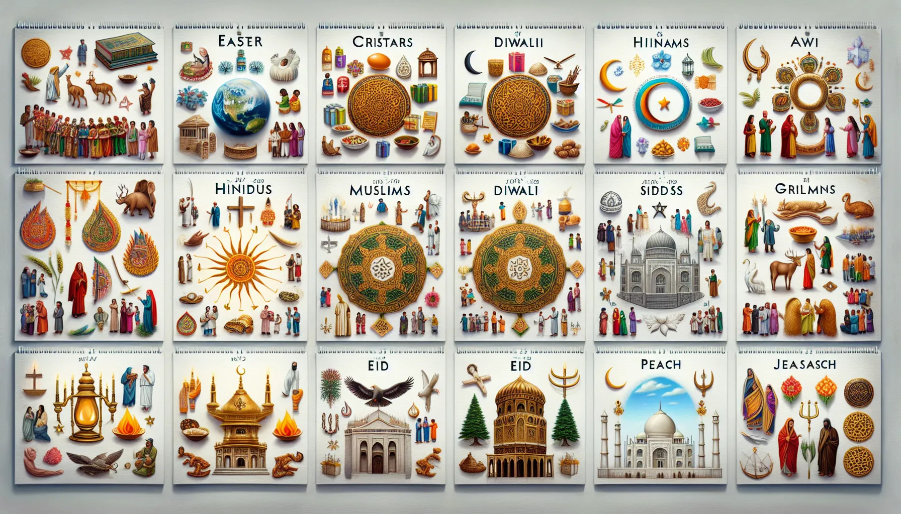 Imagen ilustrativa de calendario con fechas de celebración de los Días Santos en diferentes culturas y religiones.