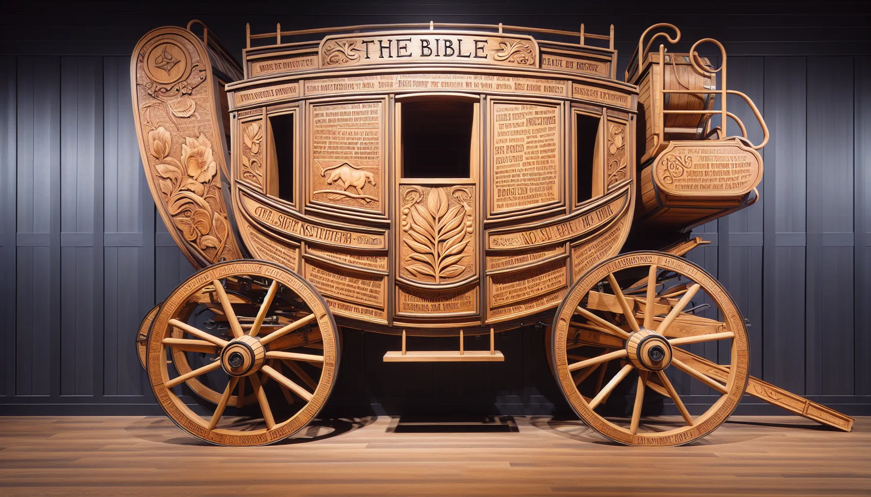 Una diligencia clásica de madera con un logotipo de la Biblia en relieve