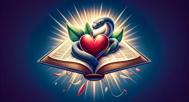 Ilustración de una Biblia abierta con un corazón y una serpiente