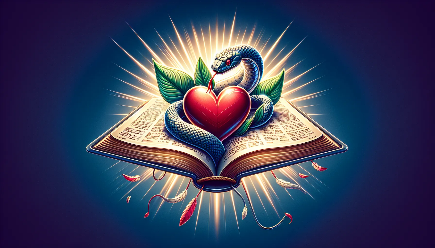 Ilustración de una Biblia abierta con un corazón y una serpiente