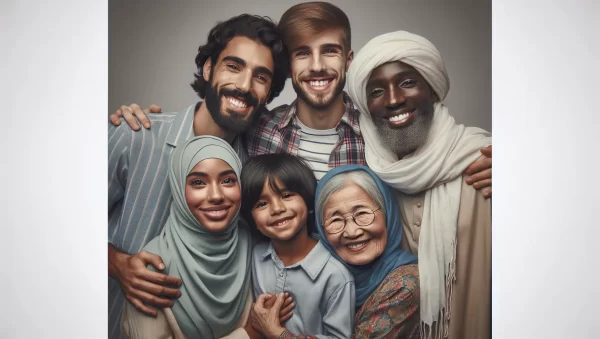 Imagen de un grupo diverso de personas sonriendo y abrazándose