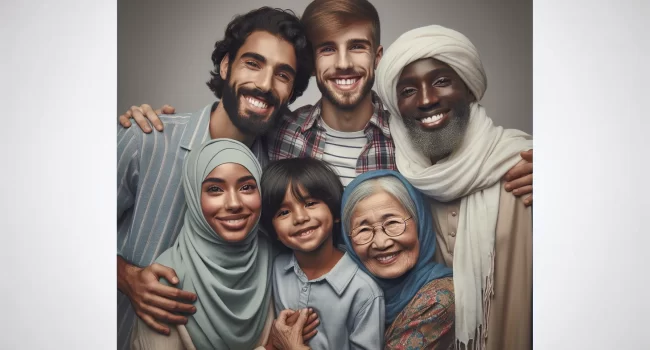 Imagen de un grupo diverso de personas sonriendo y abrazándose