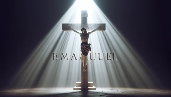 Imagen de la palabra Emanuel escrita sobre una imagen de Jesús en la cruz