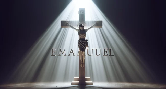 Imagen de la palabra Emanuel escrita sobre una imagen de Jesús en la cruz