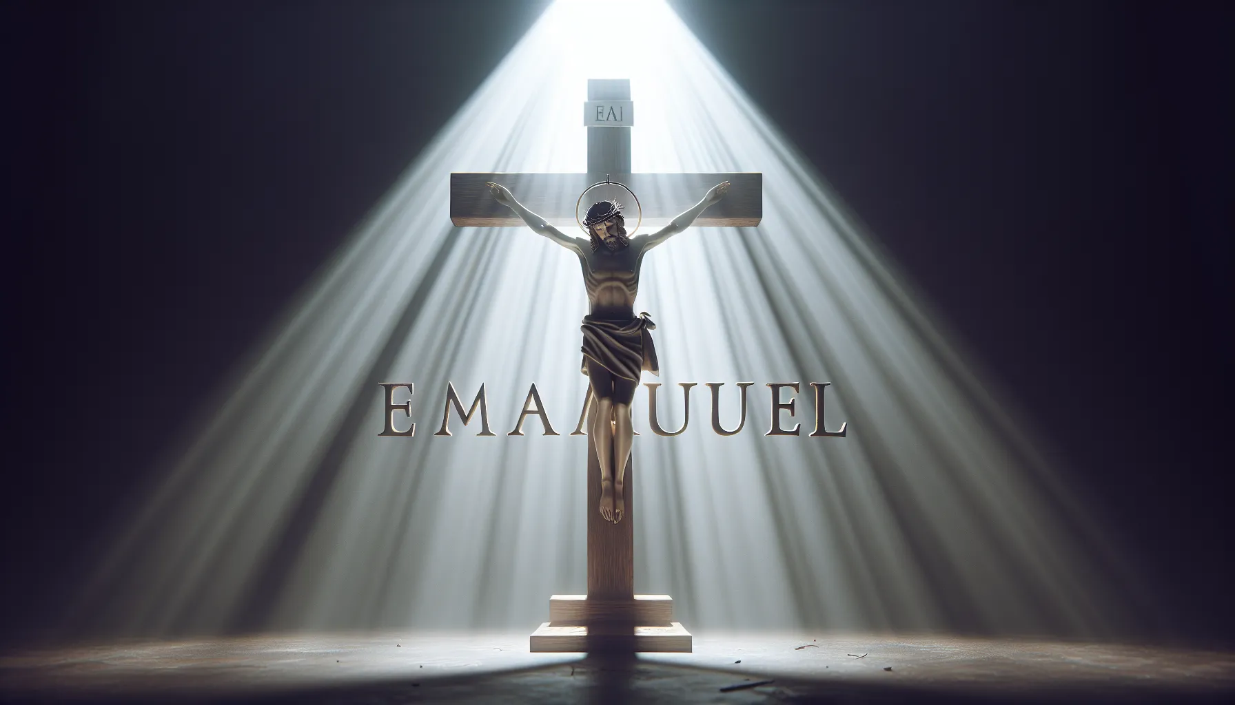 Imagen de la palabra Emanuel escrita sobre una imagen de Jesús en la cruz