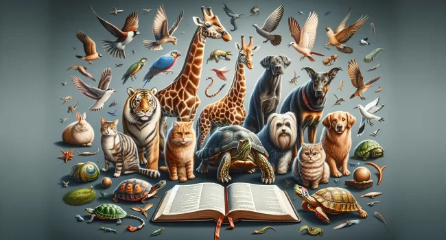 Ilustración de diversos animales rodeando un libro abierto con la palabra Biblia en la portada