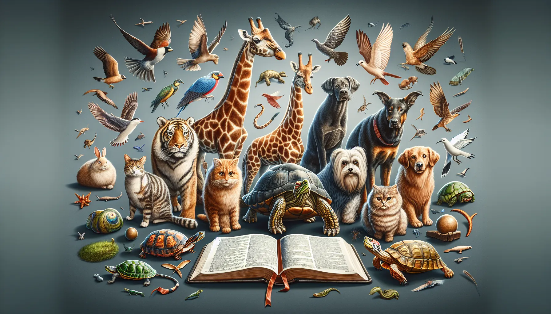 Ilustración de diversos animales rodeando un libro abierto con la palabra Biblia en la portada