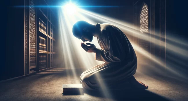 Una imagen que muestra a una persona arrodillada en oración
