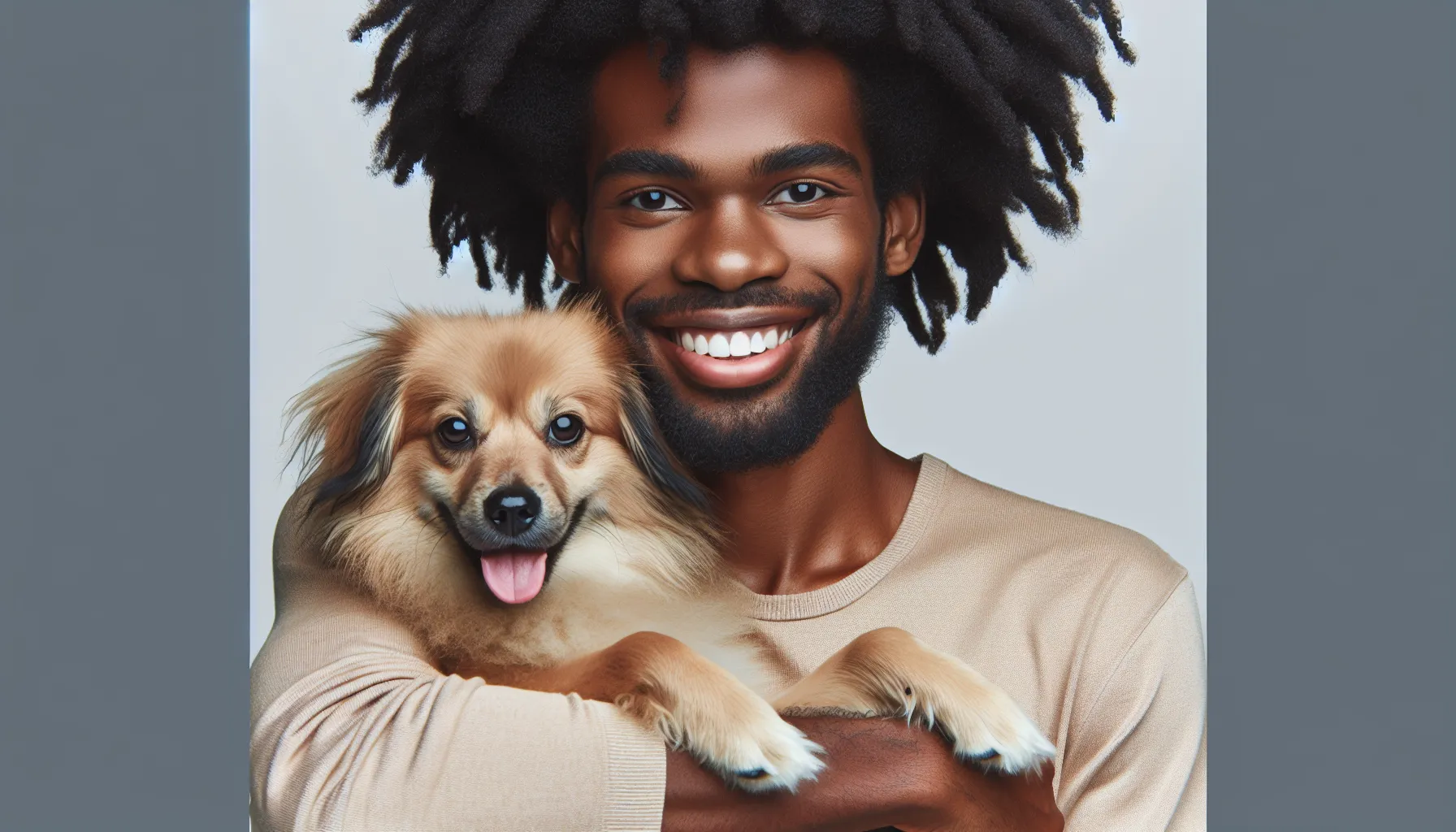 Hombre sosteniendo alegremente a un perro en sus brazos