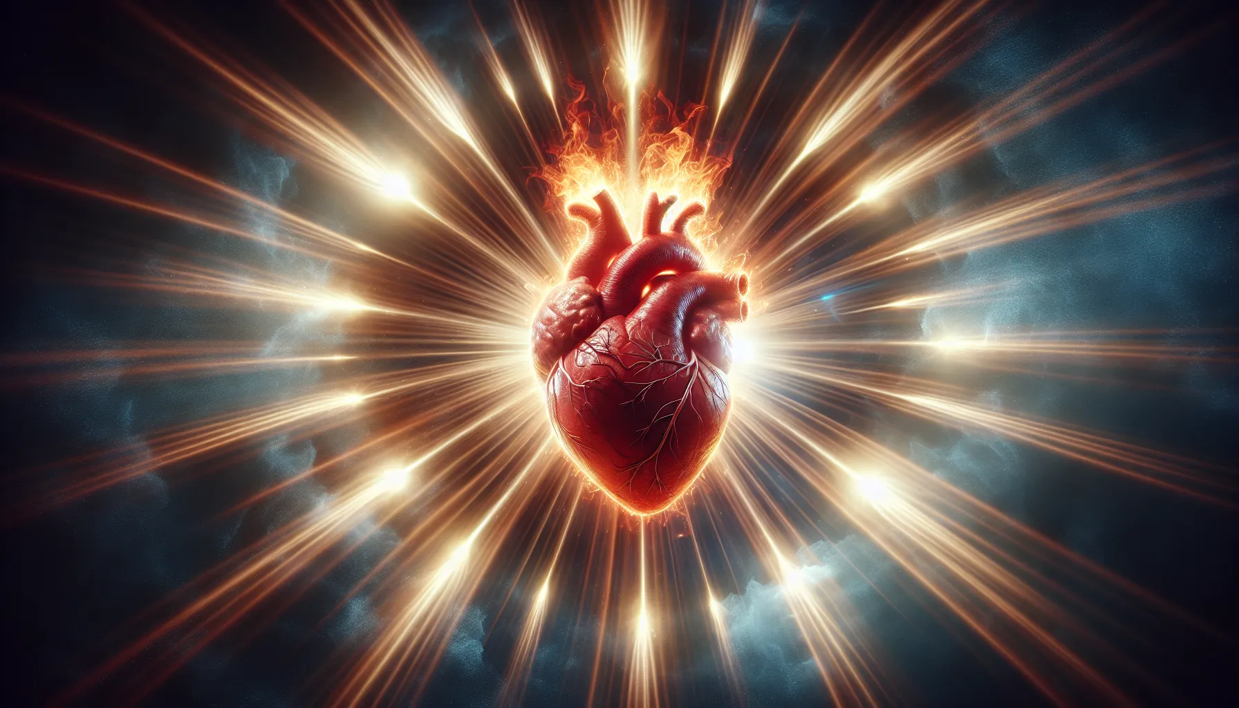 Una imagen de un corazón inflamado rodeado de rayos de luz brillante