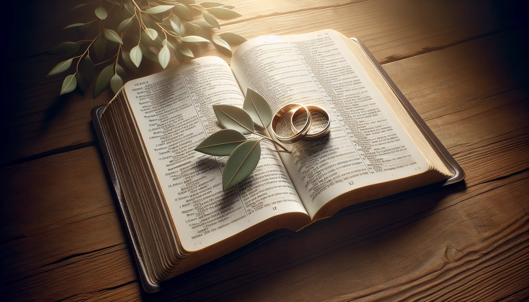 Imagen de una Biblia abierta con dos alianzas de boda entrelazadas sobre el libro