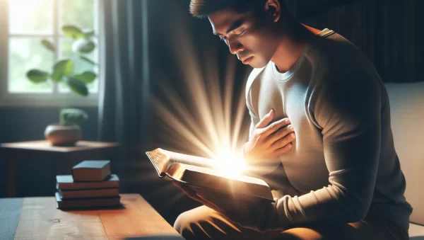 Persona leyendo la Biblia con una luz brillante iluminando las páginas