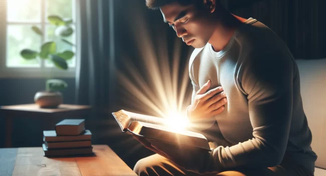 Persona leyendo la Biblia con una luz brillante iluminando las páginas