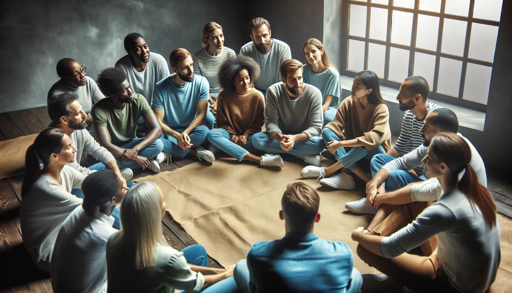 Un grupo de personas sentadas en círculo, participando en una sesión de discipulado cristiano y compartiendo experiencias de crecimiento espiritual.