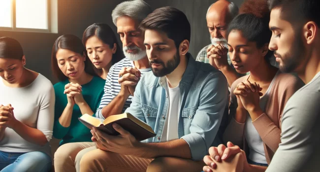 Imagen de un grupo de personas participando en un estudio bíblico y orando juntos