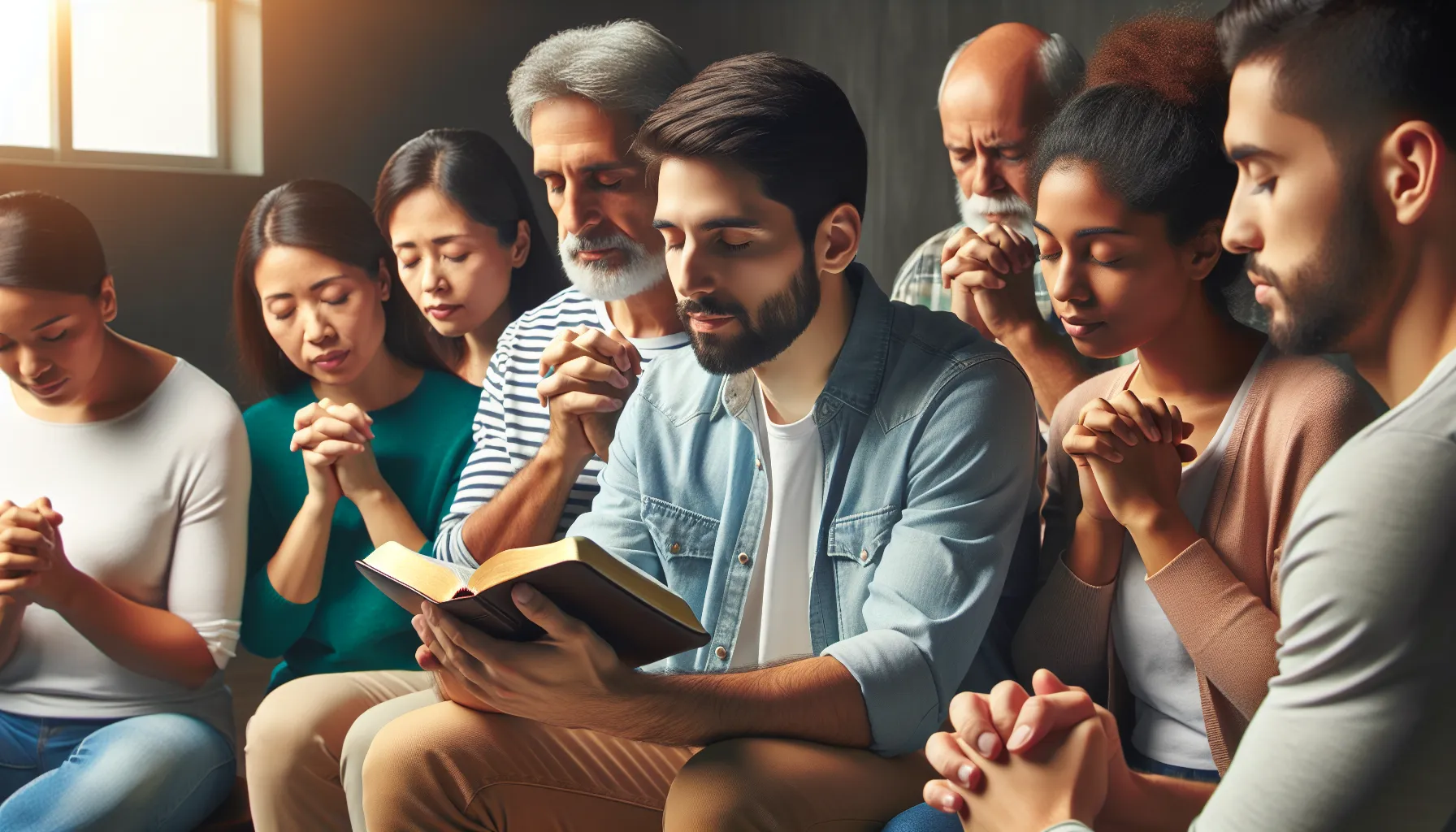 Imagen de un grupo de personas participando en un estudio bíblico y orando juntos