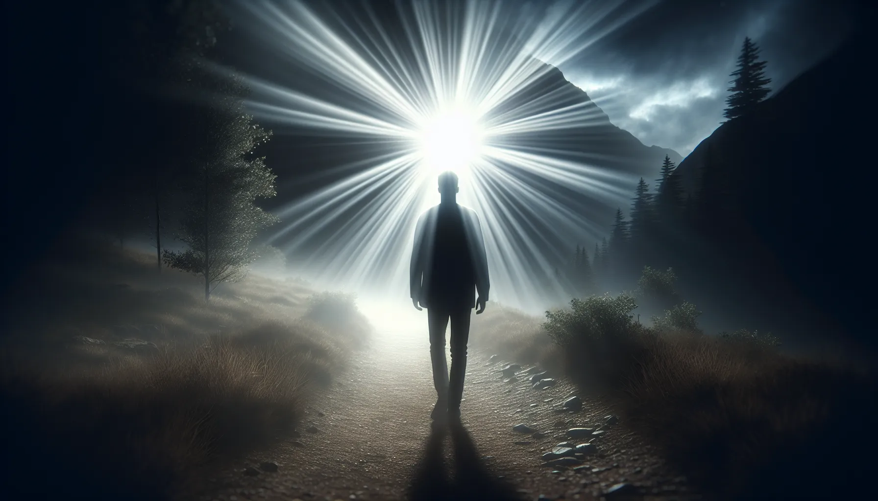 Imagen de una persona caminando por un sendero iluminado con una luz divina que simboliza la divina providencia en la Biblia.