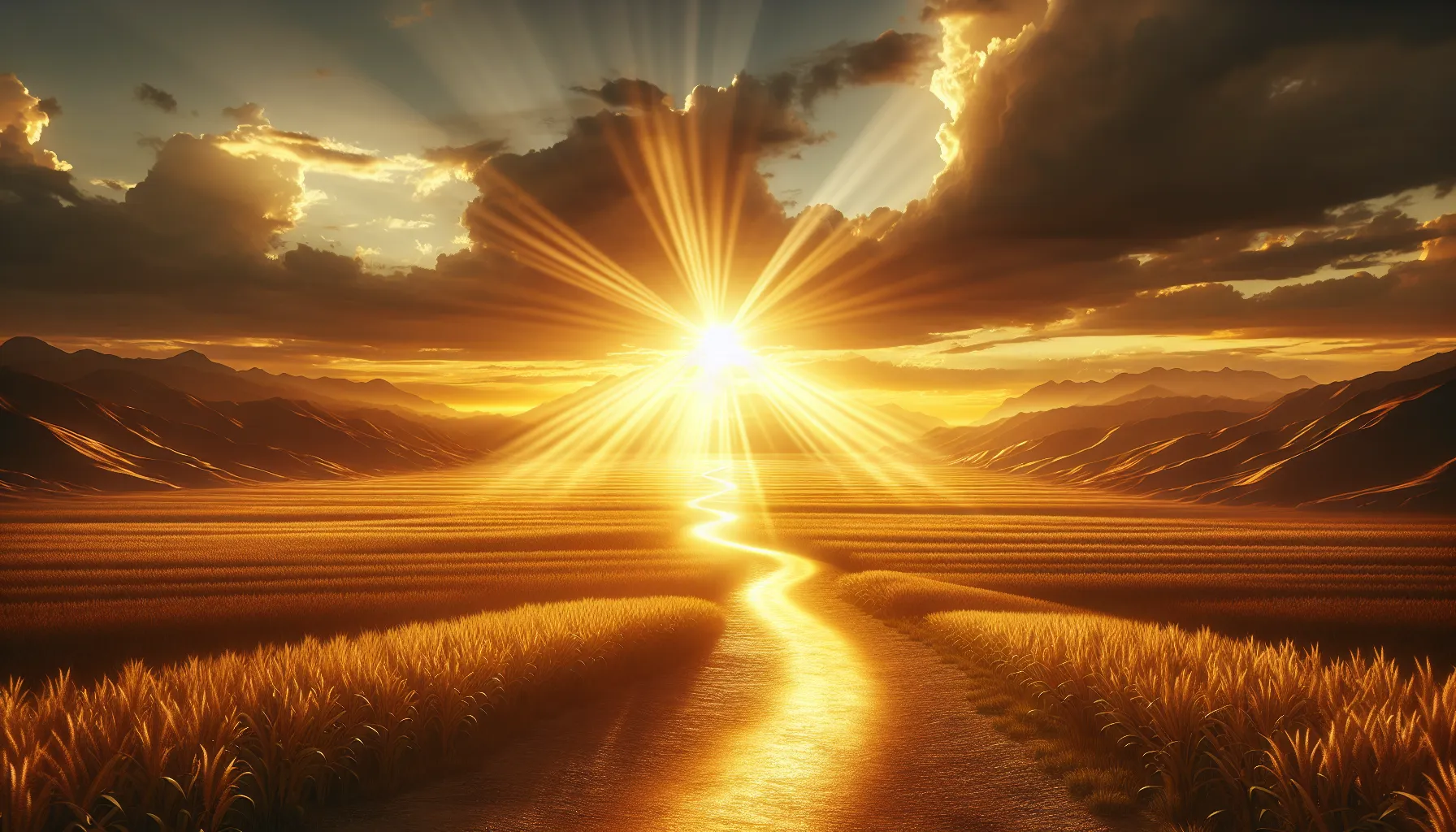 Imagen de un atardecer dorado con un camino iluminado por la luz del sol