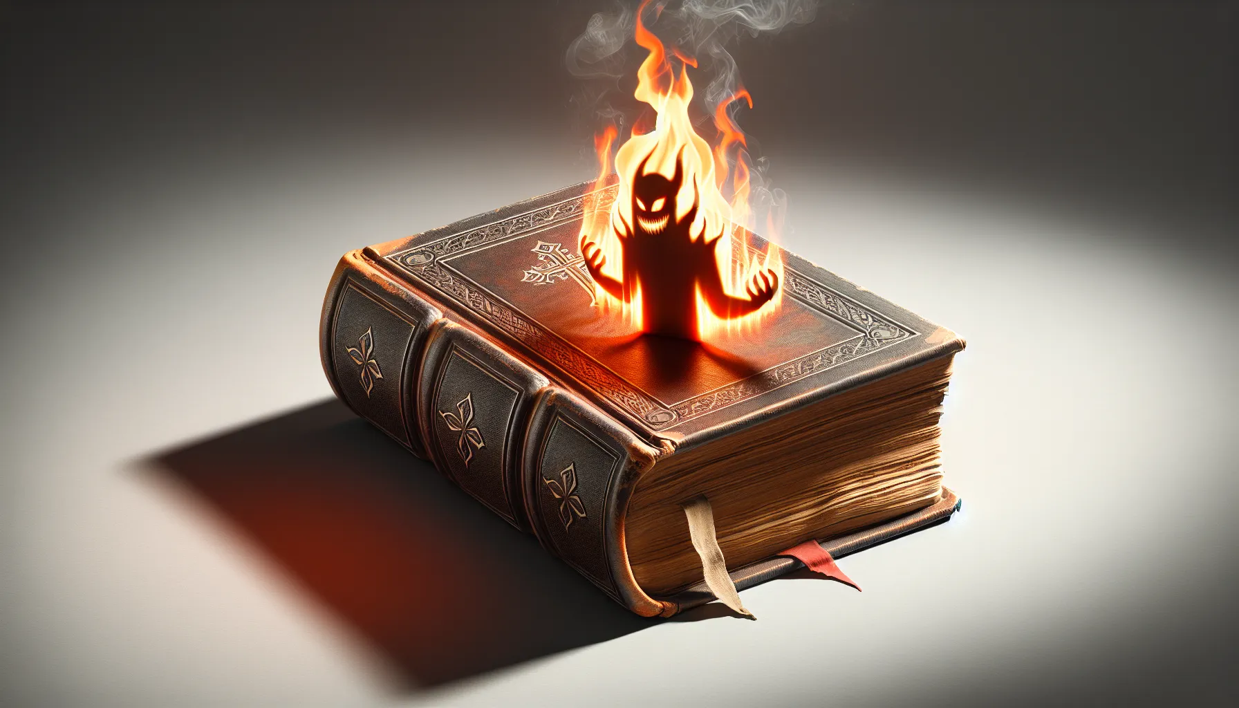 Imagen de un libro antiguo con una llama de fuego y una sombra siniestra en la portada