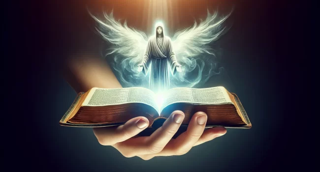 Imagen representativa de la interpretación bíblica del Don de Discernimiento de Espíritus. Una mano sosteniendo una biblia abierta con una luz divina brillando sobre sus páginas.