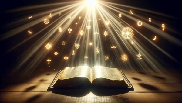 Representación visual de una Biblia abierta con rayos de luz y símbolos místicos