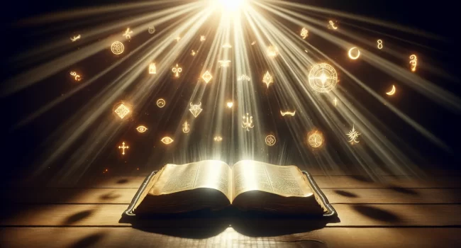 Representación visual de una Biblia abierta con rayos de luz y símbolos místicos