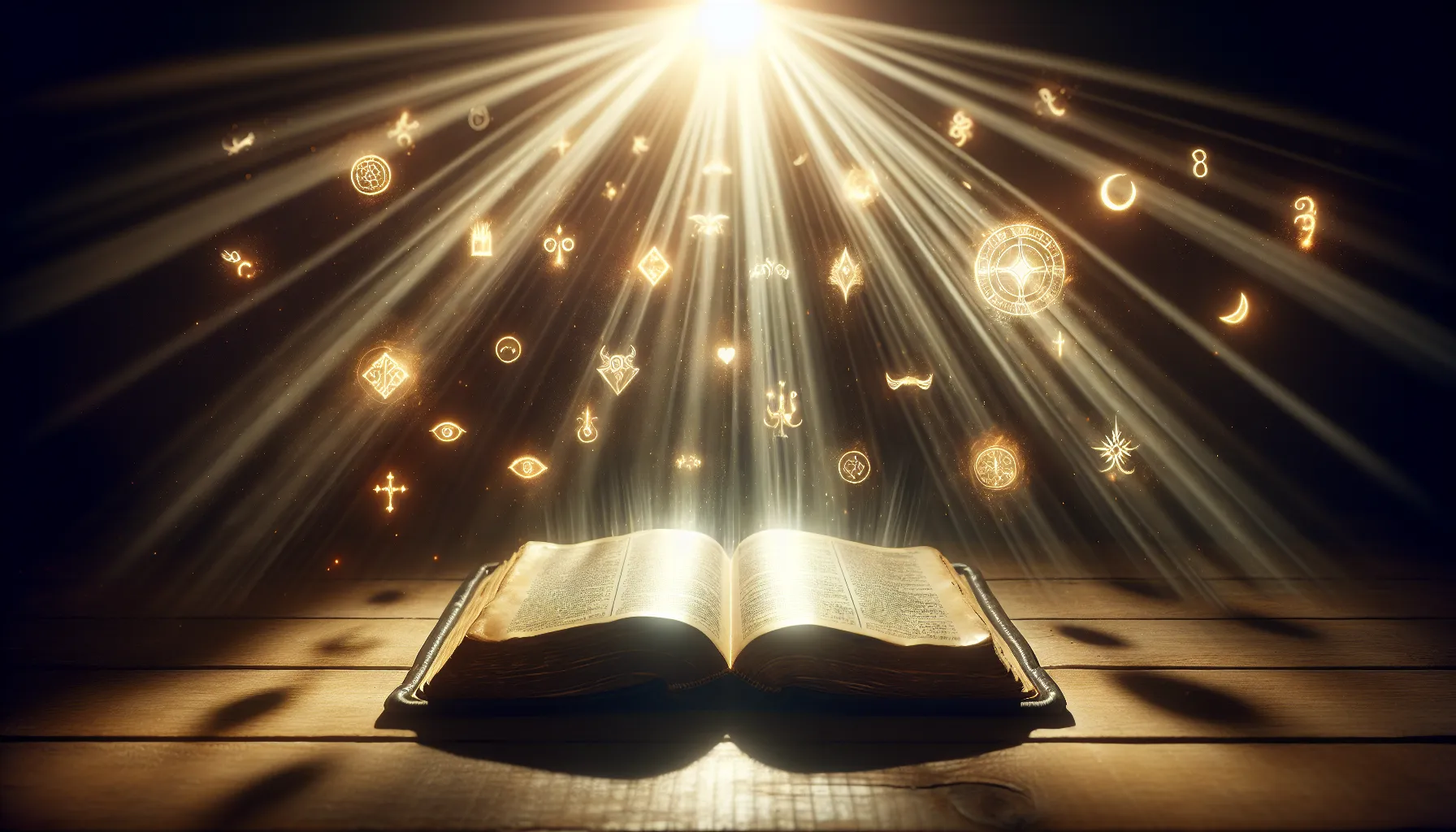 Representación visual de una Biblia abierta con rayos de luz y símbolos místicos