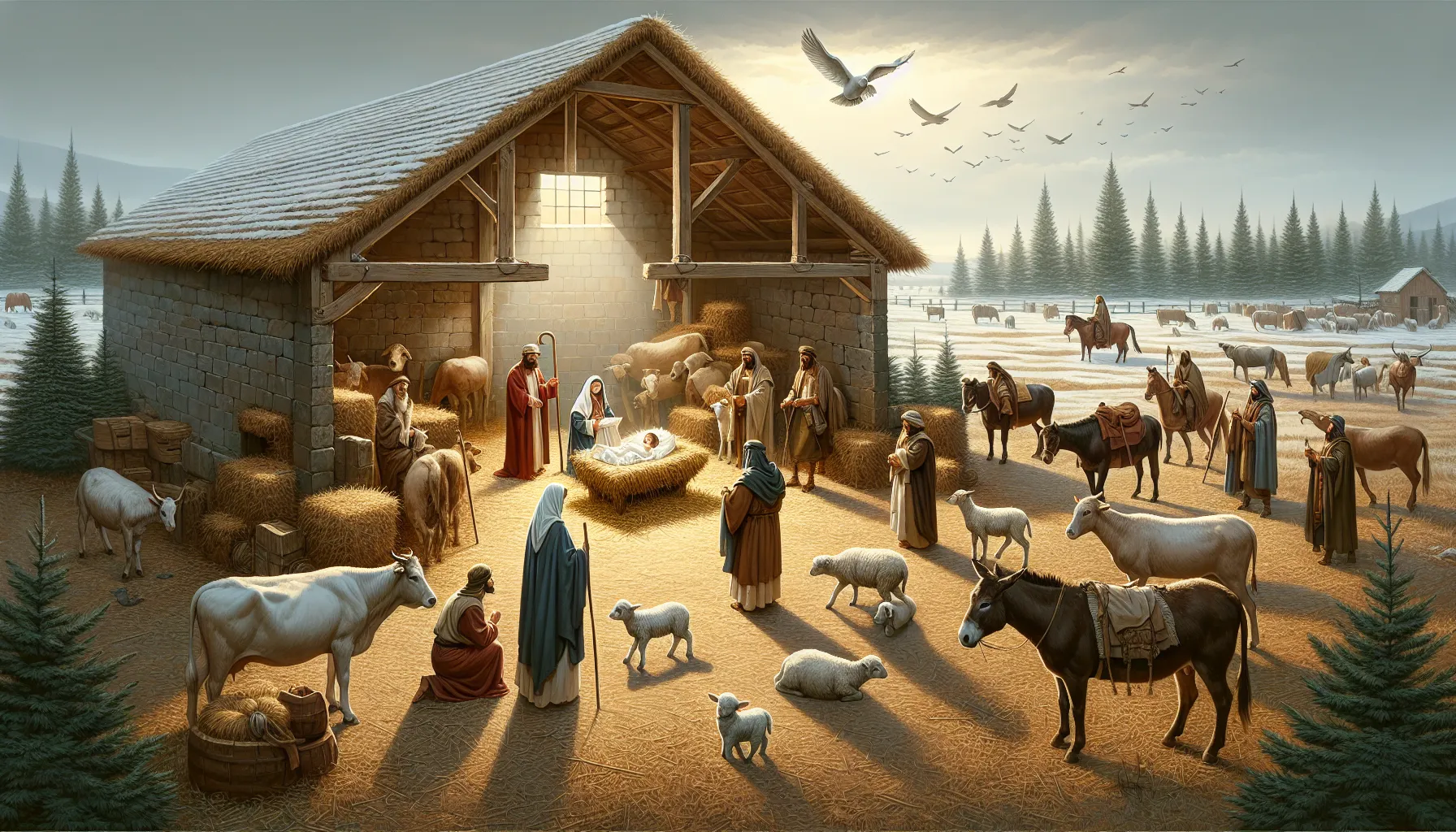 Imagen de un pesebre rodeado de animales y personas, representa el lugar de nacimiento de Jesús según la Biblia.