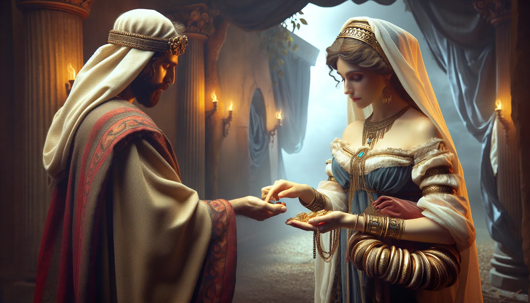 La imagen muestra una ilustración de una mujer antigua entregando una dote a un hombre
