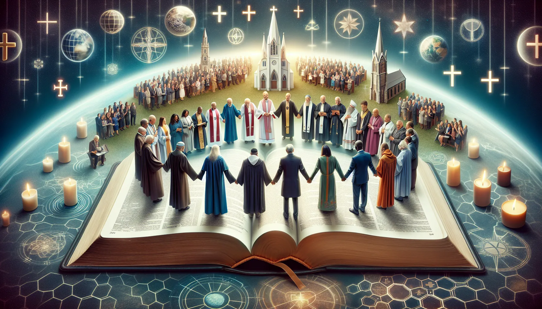 Imagen de una Biblia abierta con diversas denominaciones cristianas unidas en oración